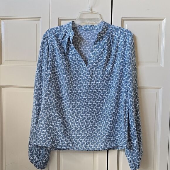Blue Long Sleeve Puff Blouse Opened Mandrian Collar! NWOT! - Picture 1 of 5